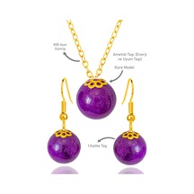 Sertifikalı Gold Küre Model Mor Akik Taşı Kolye Ve Küpe Seti - Gü Çok Renkli