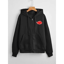 Startmore Relax&basic Unisex Baskılı Kapüşonlu Fermuarlı Sweatshirt Siyah Siyah