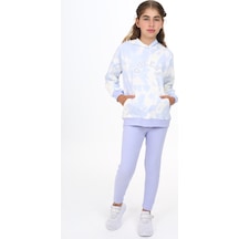 Toontoy Kids Toontoy Kız Çocuk 2'li Takım Baskılı Kapüşonlu Düşük Omuz Cepli Sweatshirt & Basic Düz Tayt Lila
