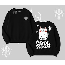 Cool Meow Yazılı Sevimli Kedi Arka Baskılı Biskilet Sweatshirt Siyah