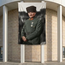 Üniformalı Kalpaklı Atatürk Portresi Poster Bayrak Premium Raşel Kumaş Ata68 2x3m Diğer
