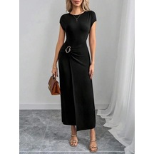 Kadın Yarım Ay Kollu Yuvarlak Yaka Önünde Toka Detaylı Modal Maxi Elbise Siyah