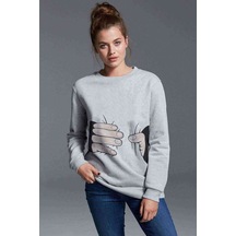 Handpres Baskılı Gri Kadın Sweatshirt