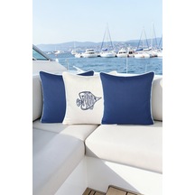 Kırlent Kılıfı 45x45 3'lü Marin Set Nakışlı Balık Desen + Düz Su İtici Outdoor Keten Tekne Bahçe Krem - Lacivert