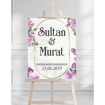 Söz Nişan Düğün İçin 50x70 Karşılama Panosu - Mor Çiçek Tasarımlı 004 Beyaz