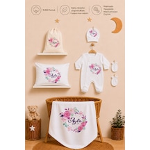Pia Baby İsme Özel Hastane Çıkışı %100 Pamuk Kız Bebek Organik Baskılı Tulum Set Keseli Hediyelik 2020tybk3x Krem