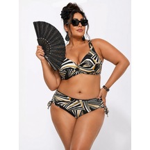Büyük Beden Balenli Geometrik Desenli Kaplı Ayarlanabilir Askılı Toparlayıcı Kadın Bikini Takım