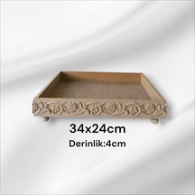 Ahşap Boyanabilir Çiçek Desenli Ayaklı Dikdörtgen Sunumluk Tepsi