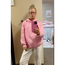 Pembe Kapüşonlu Şardonlu Oversize Cepli Sweatshirt Mg2206