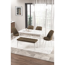 Canisa Concept Zen Serisi 80x132 Mdf Açılabilir Beyaz Mermer Desen Masa Takımı 4 Kahverengi Sandalye Ve 1 Bench Masa Beyaz Mermer Sandalye Ve Bench Kahve