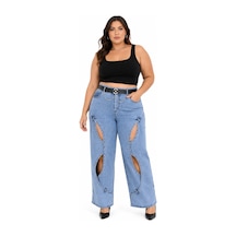 Zanessi Fashıon Büyük Beden Denim Yüksek Bel Kemerli Dekolteli Bol Paça Kadın Pantolon Mavi