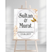 Söz Nişan Düğün İçin 50x70 Karşılama Panosu - Çiçek Desenli Pano Beyaz