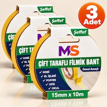 3 Adet Çift Taraflı Filmik Bant 15 Mm X 10 Metre Şeffaf Yapışkanlı Hobi Bandı El Çok Amaçlı Bantları