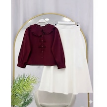 Lovie Moda Kadın Şal Yaka Gömlek Fiyonk Detaylı Etekli Takım - Bordo