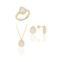 Gümüş Altın Yaldızlı Zirkon Taşlı Damla Modeli Üçlü Set Gümüş Altın Yaldızlı Zirkon Taşlı Damla Modeli Üçlü Set