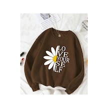 Herkesemoda Papatya Baskı Detaylı Bisiklet Yaka İçi Polarlı Sweatshirt Kahverengi