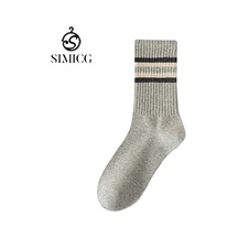 12 Çift Paket - Erkekler İçin Sonbahar/kış Orta Baldır Çizgili Pamuklu Çoraplar, Tek Beden Gri