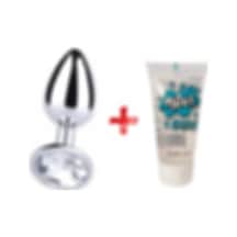 Truva Shop Pretty Love Metal Gümüş 7 CM Taşlı Anal Plug + Wet 50 ML Kaydırıcı