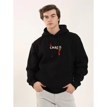 Yake Store Unisex Baskılı Oversize Üç İplik Kapüşonlu Sweatshirt - Siyah - Siyah