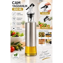 Cam Yağdanlık 300 Ml Paslanmaz Çelik Kaplamalı Akıtmaz Kontrollü Döküm Yağ Sirke Sos Şişesi Şeffaf