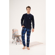 Estiva Erkek Kışlık Düğmeli Yaka Kareli Alt Polar Pijama Takımı 001