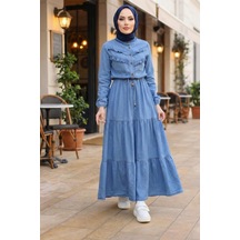 Hb Harma Time Butik Kadın Fırfır Detaylı Bağcıklı Açık Kot Mavi Denim Elbise Açık Mavi Açık Mavi