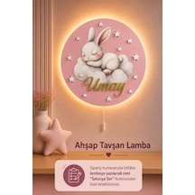 Ahşap Tavşanlı Lamba İsme Özel Pilli Ledli Gece Lambası Bebek Çocuk Odası Pembe