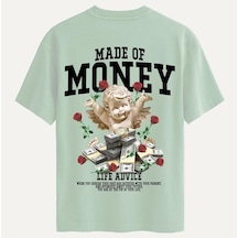 Unisex Bisiklet Yaka %100 Organik Pamuklu Kalın Dokulu Made Of Money Baskılı Oversize T-shirt - Bej Bej
