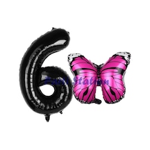 Pembe Kelebek Balon 6 Yaş Balon Set Kelebek Konsept Balon Ve Siyah Renk Rakam Balon 6