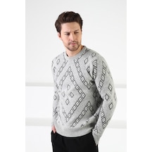 Ferraro A.Gri Kare Desenli %100 Kuzu Yünü Erkek Kazak Açık Gri