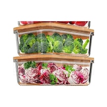 Qerhome Bambu Kapaklı 2'li Diktörtgen Vakumlu Kase Cam Saklama Kabı 1000 Ml Şeffaf