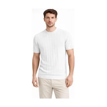 Barlashive Erkek Yazlık Fitilli Triko Tişört Kısa Kol Bisiklet Yaka T-shirt - Beyaz Çok Renkli