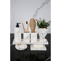 Betonmall 7 Parça Beton Banyo Seti Helen Yapay Çiçekli Saksı Katı Sıvı Sabunluk Diş Fırçalık Tütsülük Mumluk Beyaz Altın Spreyli Beyaz