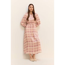DeFacto Regular Fit Gömlek Yaka Desenli Saten Uzun Kollu Maxi Elbise F2725AX25SMPN441