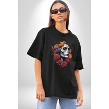 Maske Dövmeli Çiçekli Kız Pamuklu Bisiklet Yaka Unisex Oversize Boyfriend Dijital Baskılı Siyah T-shirt Siyah