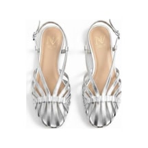 Ne&ve Shoes Gümüş Deri Biye Kadın Günlük Sandalet