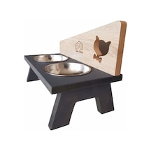 Liva Kedi Figürlü Ahşap Standlı İkili Kedi Mama ve Su Kabı
