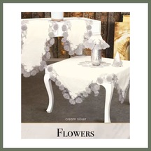 Bezos Flowers Model Krem 5 Parça Keten Dantelli Runner Seti Lüks Salon Takımı Bezos1