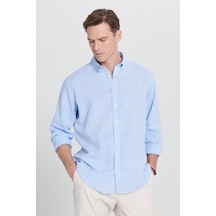 Erkek Mavı Comfort Fit Rahat Kesim Düğmeli Yaka Keten Gömlek Mavi