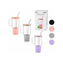 Cam 1000ml Matara - Suluk Bambu Kapak - Sızdırmaz Silikonlu Çelik Pipet Koruyucu Silikon Altlık - Kılıf Bx40 renkli
