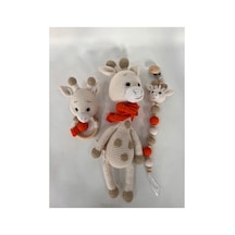 El Yapımı Amigurumi Zürafa Bebek Seti Örgü Oyuncak + Emzik Klipsi + Diş Kaşıyıcı Turuncu