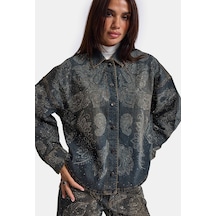 Kadın Kot Rengi T-10w6-8 Oversize Parlak Taş Ve Desen Özel Tasarım Denim Ceket