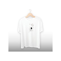 Astronot Gezegen Detaylı Unisex Tişört Beyaz