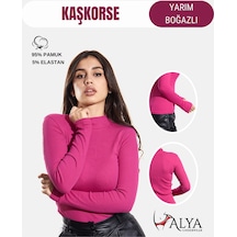Alya Underwear Kaşkorse Yarım Boğaz Body Sweatshirt, Fitilli Kumaş, Likralı, Bordo Fuşya Melanj