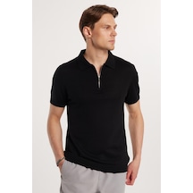 Tudors Erkek Slim Fit Dar Kesim Pamuklu Örme Triko Fermuarlı Siyah Polo Yaka Tişört-33178 Siyah