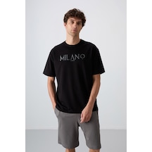 Tommy Life Siyah Pamuklu Kalın Yumuşak Dokulu Oversize Fit Baskılı Erkek T-shirt - 88345 Siyah