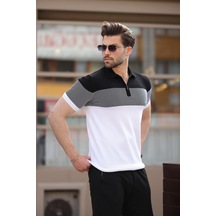 Madmext Beyaz Renk Bloklu Polo Yaka Triko Erkek T-shirt E7409 Beyaz