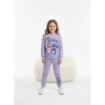 Cg Kids Stitch Temalı Simli Baskı 2 İplik Kız Çocuk Alt Üst Sweatshirt Eşofman Takım Mor - Lila