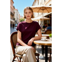Benerly Kadın T Shirt Kayık Yaka Kısa Kol Relaxed Rahat Kalıp Büzgülü Düz Mürdüm