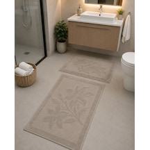 Kabartma Çiçek Desenli 2 Li Banyo Paspas Seti Yumuşak Dokulu Modern Banyo Halısı Bej
